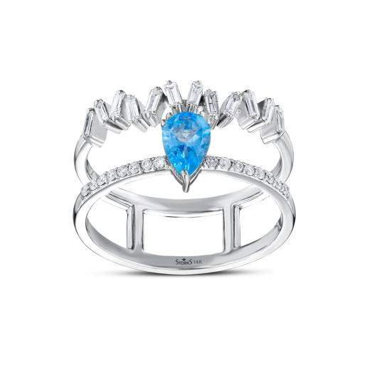 0.82 Karat Pırlanta Cherry Baget Mavi Topaz Yüzük